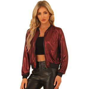 Sparkle Holographic Metallic Lightweight Shiny Bomber Jacket Red